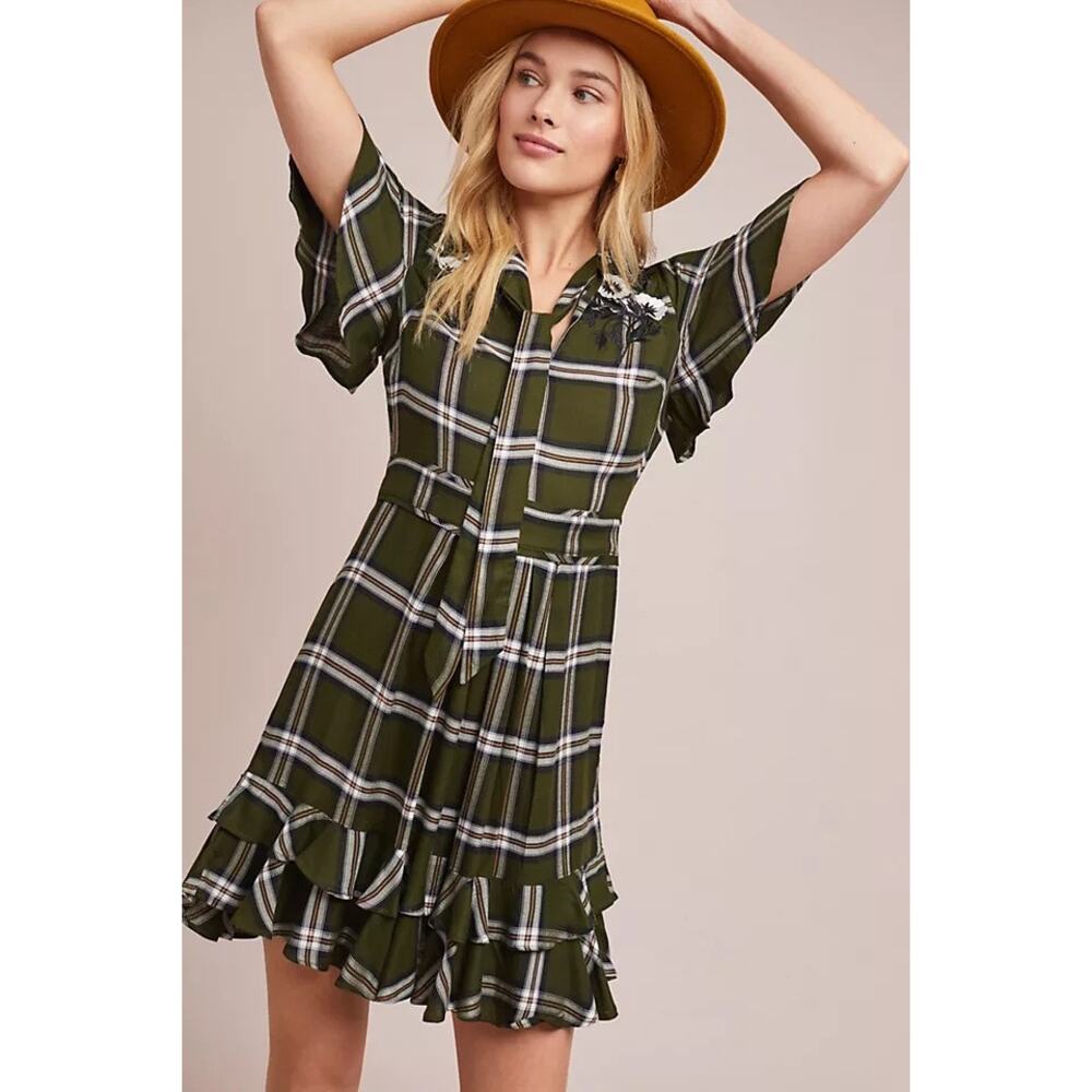 Anthropologie Olive Green Plaid Ruffled Mini Dress